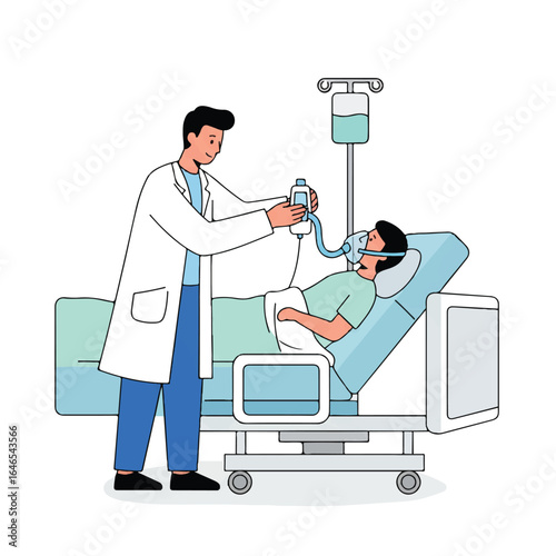 A flat 2D vector illustration shows a medical doctor carefully adjusting an oxygen mask on a patient receiving treatment while lying in a hospital bed with a clean white background.