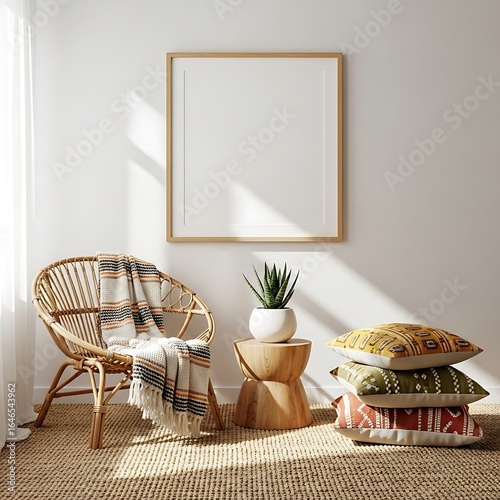 Interior scene featuring a blank square frame hanging on a white wall above a rattan chair, a wooden side table with a succulent, and a stack of patterned pillows on a jute rug.