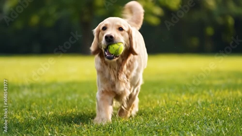 Golden retriever joyfully running across grassy field with tennis ball in mouth, showcasing playful energy in sunny outdoor park with vibrant green background