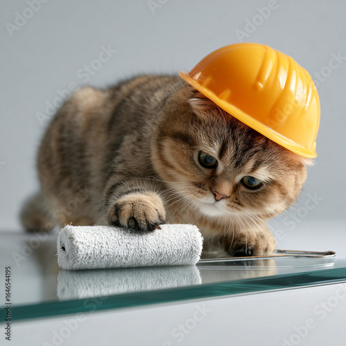 Cute tabby cat in a yellow construction helmet using a small paint roller on a glass surface