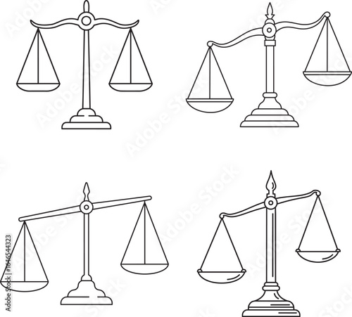 Four Hand Drawn Scales of Justice Depicting Balance and Imbalance in Law