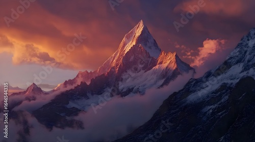 Snowy Mountain Peak with Dramatic Orange Sunset and Clouds