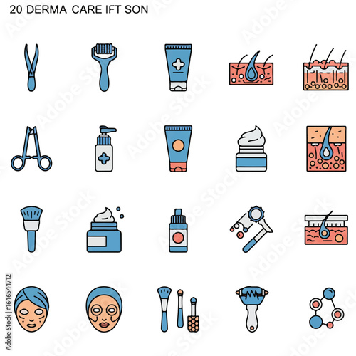 A modern flat 2D vector set depicts twenty essential skin care and medical icons, including a derma roller, cream tube, and skin cross-section, on a clean white background.