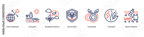 Eco Sustainability web banner icon vector illustration featuring Ozone Depletion, Ecosystem, Ecological Footprint, Conservation, Sustainable, Ecological, and Marine Pollution.