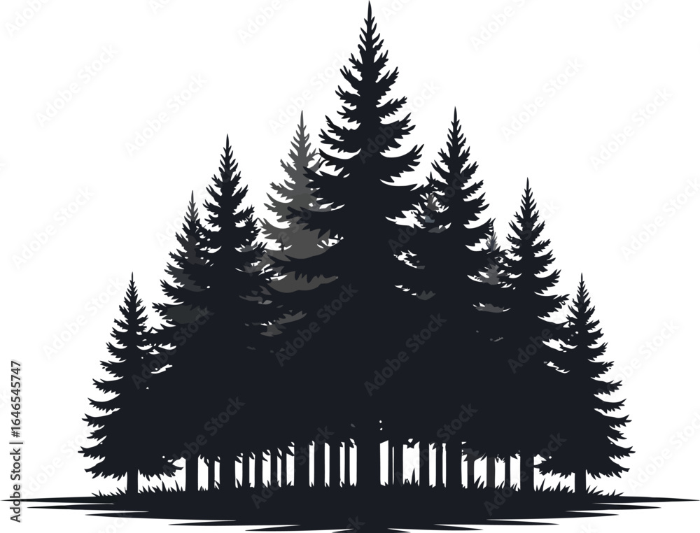 Fototapeta premium Silhouette of a dense group of pine trees, creating a serene and natural scene with a variety of tree sizes and shapes