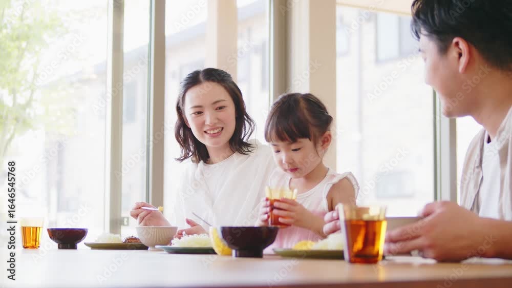 3人家族の朝食シーン 3人家族の朝食シーン