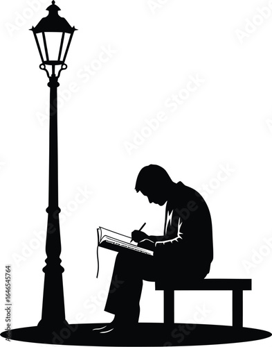 Silhouette of a man writing under a street lamp at night, capturing a moment of solitude and creativity in an urban setting