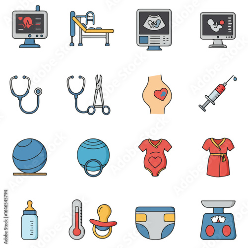A comprehensive set of 16 flat 2D vector obstetric icons, perfect for representing maternity, pregnancy, labor, and newborn baby care on a clean white background.