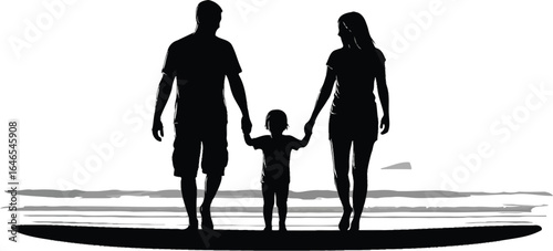 Silhouette of a family walking beach, capturing essence of love, togetherness, and beauty of a seaside vacation