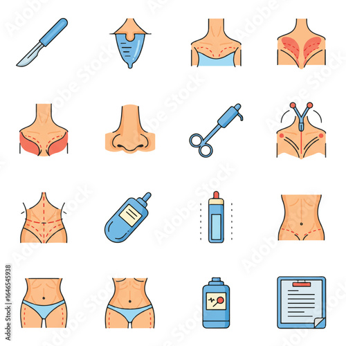 A comprehensive set of 12 flat 2D vector icons representing plastic surgery, featuring a scalpel and breast implant illustrations, isolated on a clean white background.