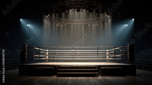 A dark, empty boxing ring, illuminated by spotlights, ready for a match