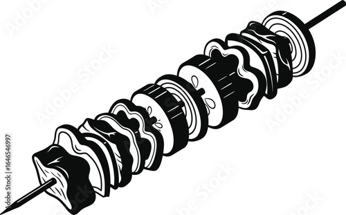 A Silhouette of a vegetable skewer, featuring onion, pepper, zucchini, and tomato, perfect for grilling, barbecue, or a healthy vegetarian meal