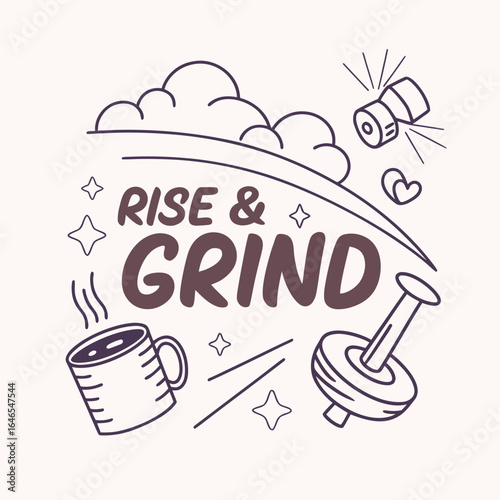 Motivational typography design with rise and grind phrase