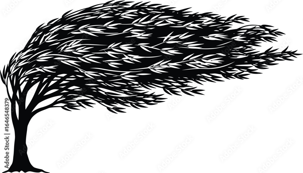 Obraz premium A silhouette illustration of a tree in wind, image captures force and motion of nature during a storm
