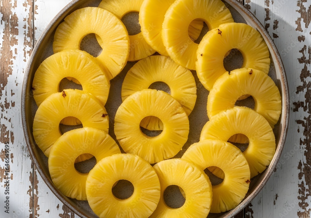 Obraz premium Pineapple Rings on White Tray in Top View Composition