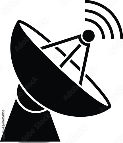 Silhouette of a satellite dish antenna transmitting signals, representing communication technology, global connectivity, and wireless networks