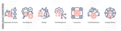 Operational Framework web banner icon vector illustration featuring Organization Structure, Due Diligence, Strategy, Risk Management, Consortium, Conflict Resolution, and Strategic Alliance.