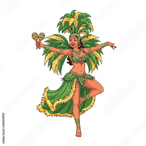Beautiful Brazilian samba dancer in a green and yellow Carnival costume with maracas.