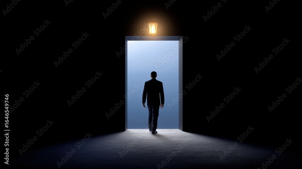 Fototapeta premium A ghostly silhouette in a haunted castle hallway, flickering torchlight, deep shadows, text space in the upper right