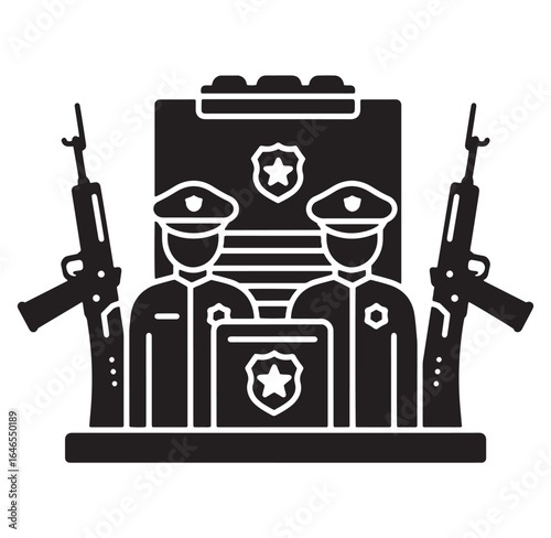 Two policemen with weapons and official documents representing law enforcement duties