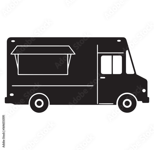 Vector illustration of a black and white food truck perfect for food business and events