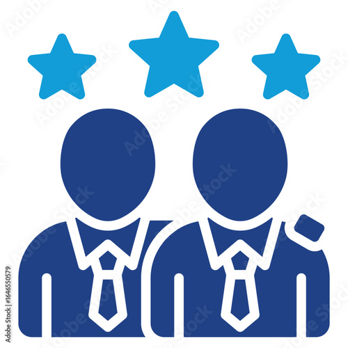 Business Rating Glyph Blue Silhouette Icon Design Vector - Two faceless business people with stars above, symbolizing professional rating or evaluation