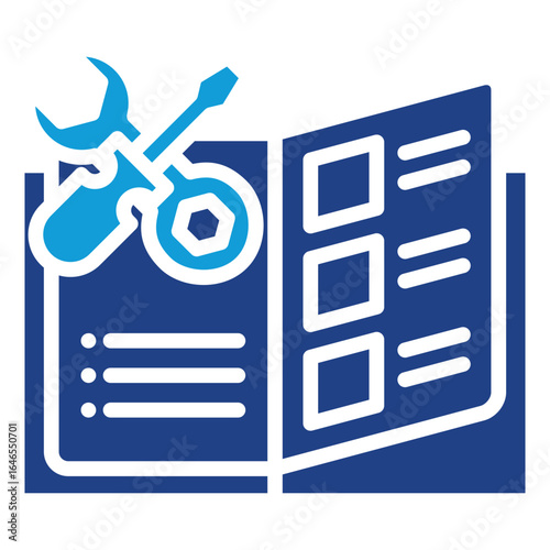 Manual Repair Glyph Blue Silhouette Icon Design Vector - Open manual with wrench and screwdriver, symbolizing repair instructions, technical documentation, and DIY guidance