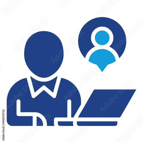 Online Interview Glyph Blue Silhouette Icon Design Vector - Person using laptop with a profile bubble, symbolizing virtual meetings, interviews, or online communication