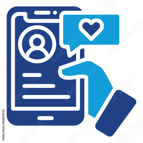Profile Like Glyph Blue Silhouette Icon Design Vector - A hand holding a smartphone displaying a profile page with a like notification bubble
