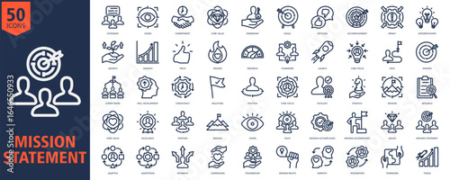 Mission Statement Icon Set Outline with statement, vision, commitment, core value, ownership, goals, criticism, accomplishment, impact