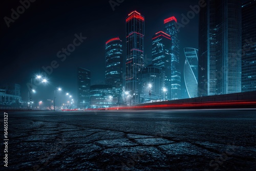 Empty city street at night, illuminated skyscrapers