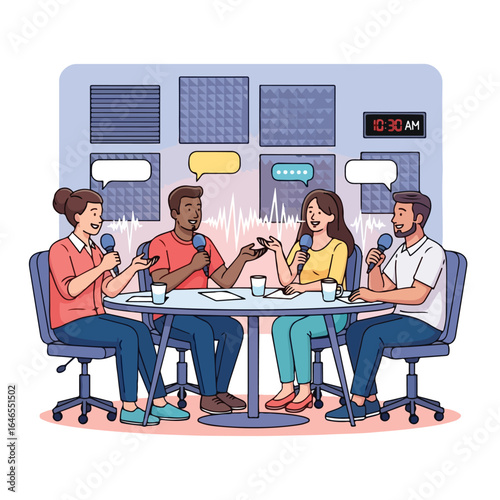 Diverse group of people recording a podcast or radio talk show in a studio.