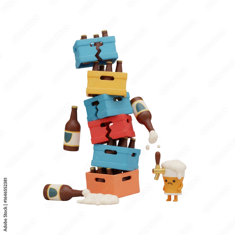 Obraz premium Humorous Cartoon Beer bottles and boxes Stacked On transparent Background Representing Alcohol Industry