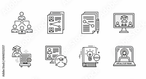 Modern Line Icons: Online Learning, Business Collaboration, and Digital Management Concepts