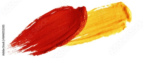 Two overlapping brushstrokes of red and yellow paint on a white background