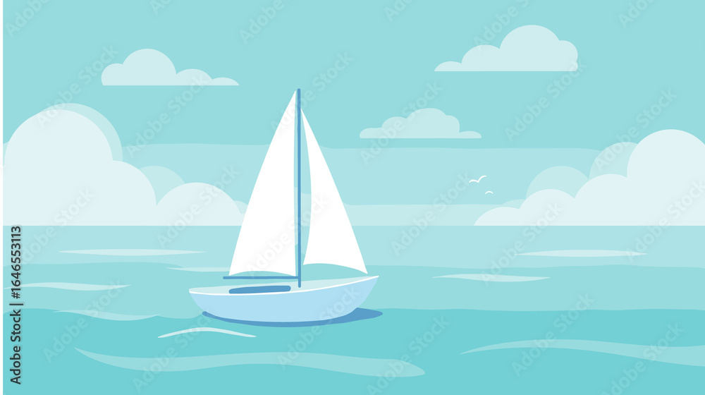 Naklejka premium A simple sailboat illustration floating on calm water under a clear blue sky with fluffy clouds. The scene is tranquil and serene, with soft pastel colors.