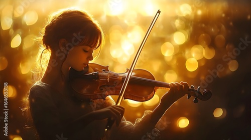 Girl Playing Violin Golden Backlit with Bokeh Lights Romantic Musical Performance