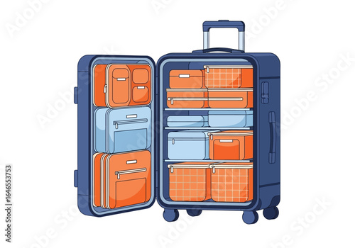 Efficient travel packing system with an open suitcase displaying neatly organized compartments and various packing cubes for a smooth journey.