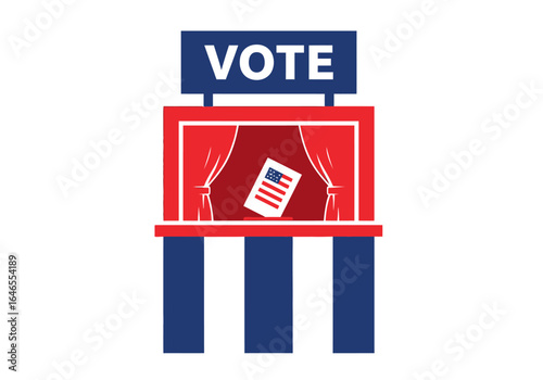 Theatrical-style voting booth illustration with a prominent 'VOTE' sign, symbolizing democratic participation and electoral choice.