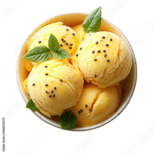 Mango sorbet ice cream in a bowl top view isolated on transparent background.