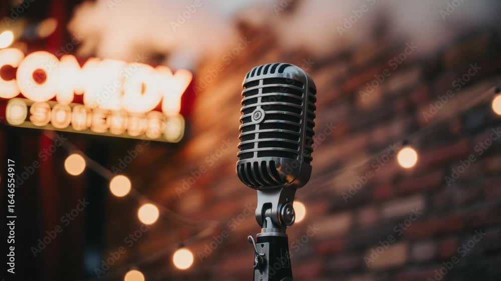 Vintage microphone stands ready for a stand-up comedy show on brick wall background - ready for a stand-up performance for entertainment promotion