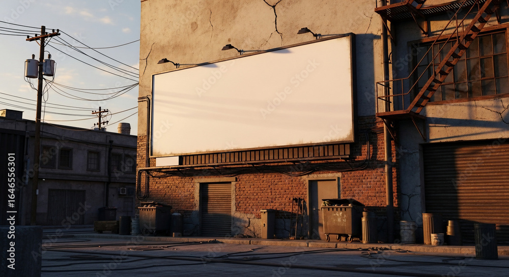Obraz premium Urban Billboard and Rusty Fire Escape in a Dilapidated City Alleyway