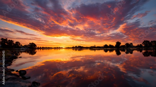 Fiery Sunset Over Calm Lake Reflecting Clouds and Trees