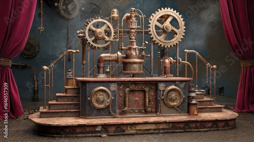 Elaborate steampunk contraption with gears, pipes, and stage curtains