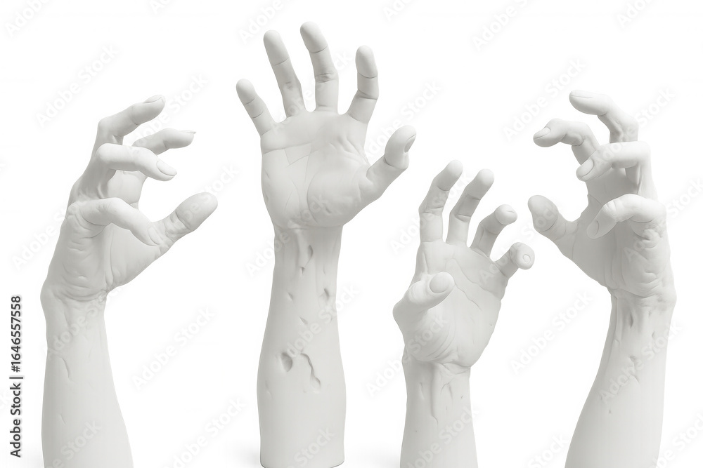 Fototapeta premium Four decaying zombie hands reach upwards on a transparent background, creating a spooky and eerie atmosphere