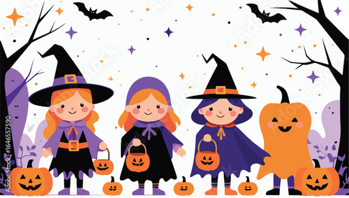 Adorable cartoon kids dressed as witches and a pumpkin for Halloween trick-or-treating