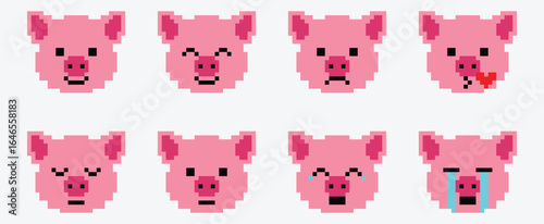 Cute pig in pixel art emoji set - animal expression face.