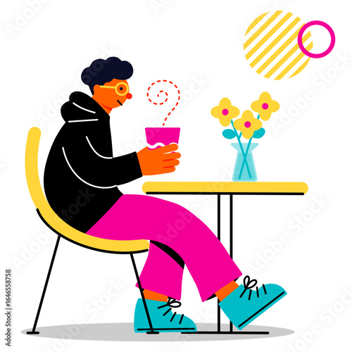 Pop and colorful illustration of a young man drinking a hot drink at a cafe.