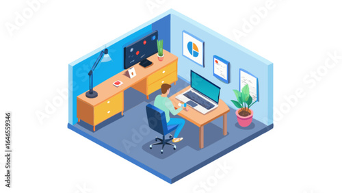 Isometric home office setup with desk, laptop, and chair for remote work and online meetings concept
