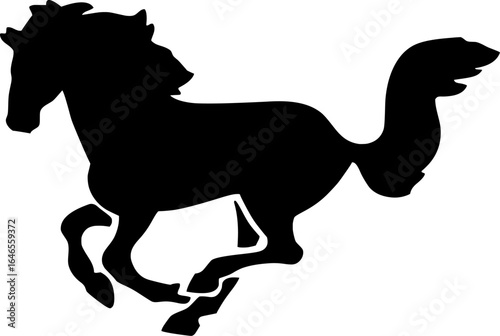 Silhouette of a galloping horse in motion, black and white vector design symbolizing speed, power, freedom, energy, and elegance in art and branding. 